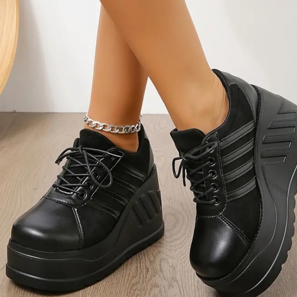 Women's Solid Color Platform Shoes, Lace Up Shallow Mouth Comfy Ankle Shoes, - Picture 3 of 4